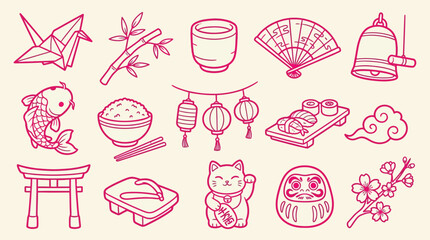 Collection of Japanese cultural icons and symbols in a simple doodle art style with a pink outline on a cream background. © Clara