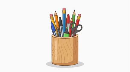 Fototapeta premium Desk Organizer Full of Supplies: A wooden cup filled with an assortment of pens, pencils, markers, and a pair of scissors, ready for creative work or study.