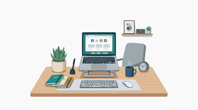 Modern Home Office Setup: A clean and organized home office desk featuring a laptop on a stand, external keyboard, mouse, a cup, plant, books, and a chair, creating a productive workspace.