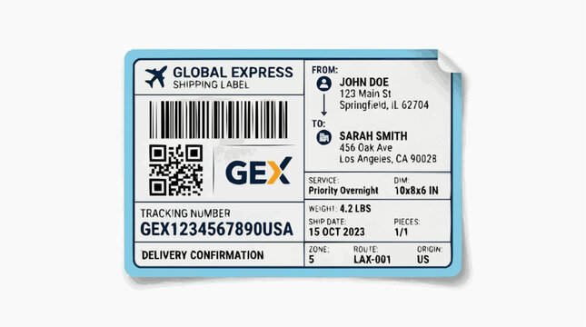 Global Express Shipping Label: A detailed shipping label for global express delivery, featuring a barcode, QR code, tracking information, sender and recipient addresses.