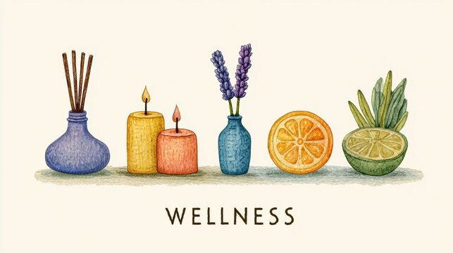 Wellness watercolor icon diffuser candle lavender vase citrus fruit