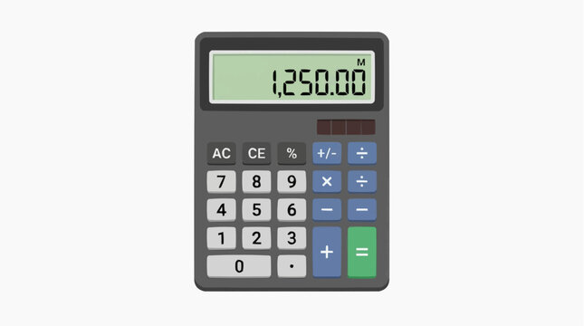 Calculator Displaying Sum: A digital calculator shows a sum of 1,250.00 on its screen, with a full array of buttons for arithmetic operations.