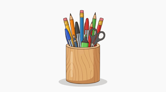 Desk Organizer Full of Supplies: A wooden cup filled with an assortment of pens, pencils, markers, and a pair of scissors, ready for creative work or study.