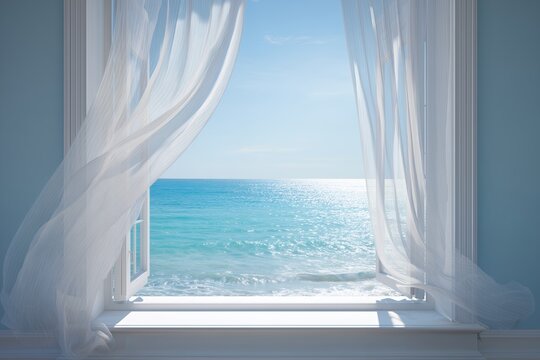 Open white window with sheer curtains blowing in the wind overlooking the calm blue ocean and clear sky, concept for travel promotion, luxury resort advertising and mediterranean lifestyle