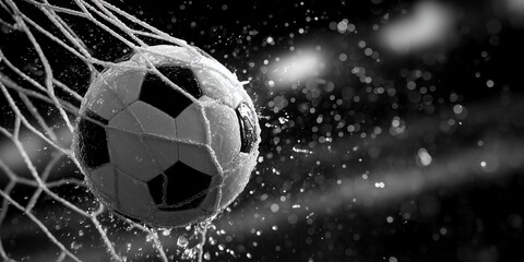 Naklejka premium Soccer ball hitting the net with water splashes and bokeh lights in black and white style, concept for sports promotion, championship achievement and tournament marketing
