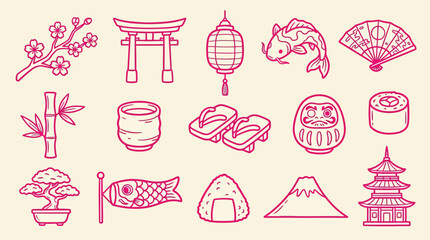 Collection of Japanese cultural icons and symbols in a simple outline style, perfect for travel or cultural themes. © Clara