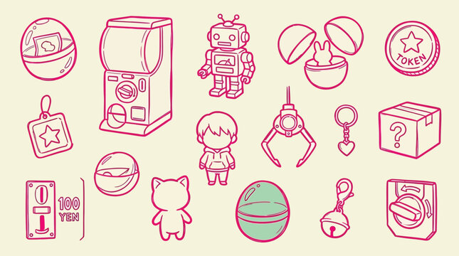 Collection of cute hand-drawn gachapon toys and vending machine elements, featuring robots, animals, and capsules.