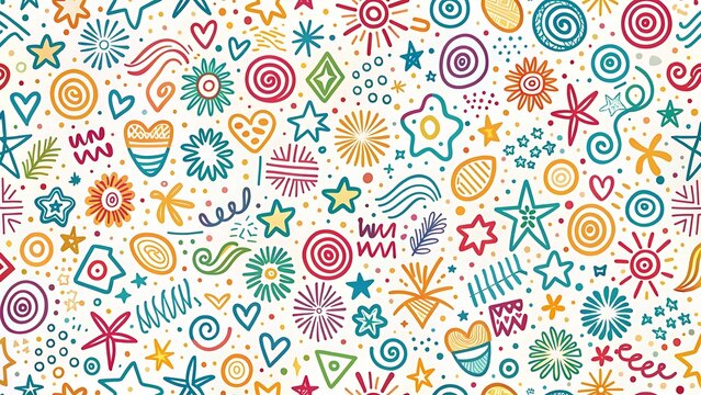Fun colorful line doodle seamless pattern. Creative minimalist style art background for children or trendy design with basic shapes.