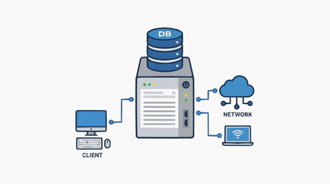 Database System Diagram: A simplified illustration depicts a database server connected to a client computer, a laptop via WiFi, and a cloud network.