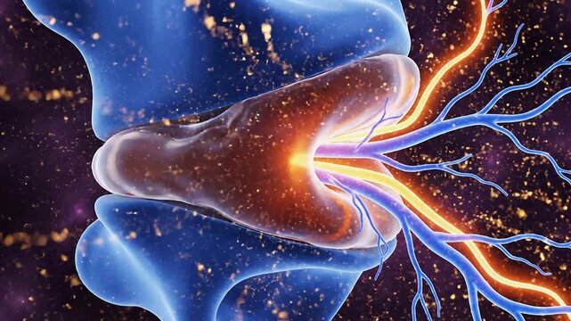 3D Digital Illustration of Synapse and Neuron Electrical Signals in Vibrant Colors for Medical and Neuroscience Visualizations