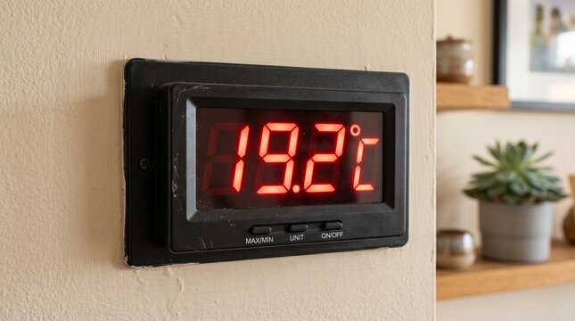 Red digital temperature display visor glowing electronic readout modern interface technology measurement device closeup concept.