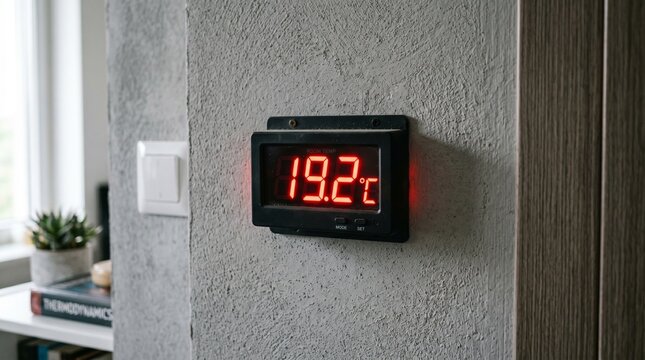 Red digital temperature display visor glowing electronic readout modern interface technology measurement device closeup concept.