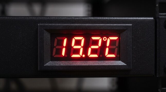 Red digital temperature display visor glowing electronic readout modern interface technology measurement device closeup concept.