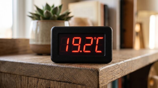 Red digital temperature display visor glowing electronic readout modern interface technology measurement device closeup concept.