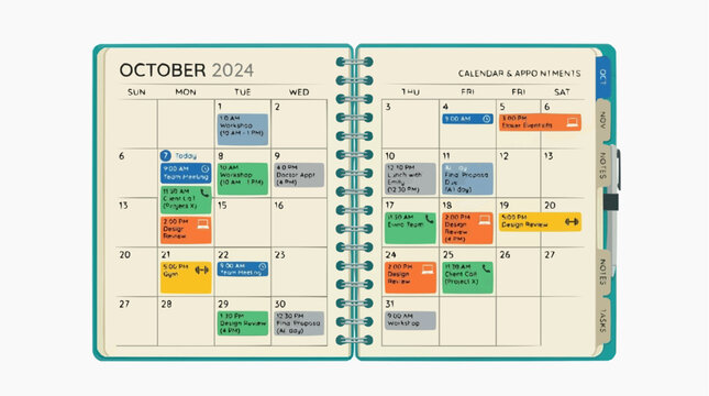 October 2024 Calendar and Planner: A detailed view of an open planner showing the month of October 2024, filled with appointments, deadlines, and colored sticky notes.