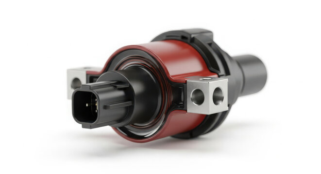 Close up studio photograph of a modern automotive engine ignition coil featuring a sleek red and black plastic housing design