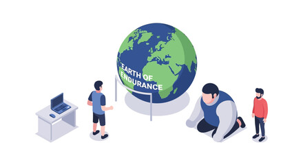 Naklejka premium People examining a globe representing Earth insurance and financial security.