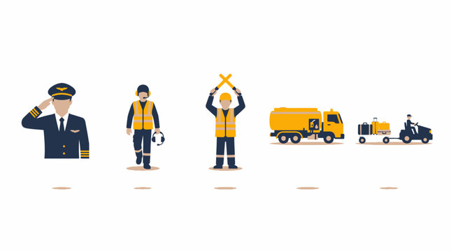 Airport ground crew, pilot, marshaller, and service vehicles flat vector illustration