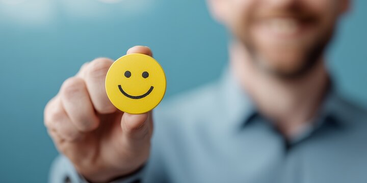 Close up of professional marketing manager holding a yellow smiley face icon on blue background, concept for customer satisfaction, positive user experience and business feedback evaluation