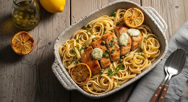A delicious serving of chicken piccata pasta with capers, fresh herbs, and charred lemon slices served in a rustic stoneware dish on a wooden tabletop