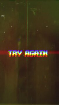 Try Again text featuring a vibrant glitch effect and vintage film grain overlay. Ideal for gaming, error messages, or a visually striking call to action.
