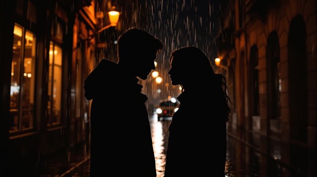Romantic couple silhouettes touching foreheads on rainy night street with warm streetlights