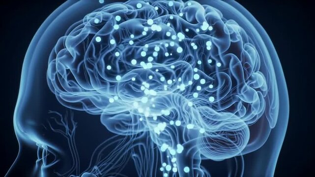 3D Medical Illustration of Glowing Human Brain Showcasing Neural Connections and Synapses in a Dark Background Ideal for Neuroscience Healthcare and Educational Projects