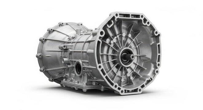 Detailed studio photograph of a polished aluminum automotive gearbox component designed for high performance vehicle transmission and drivetrain repair projects