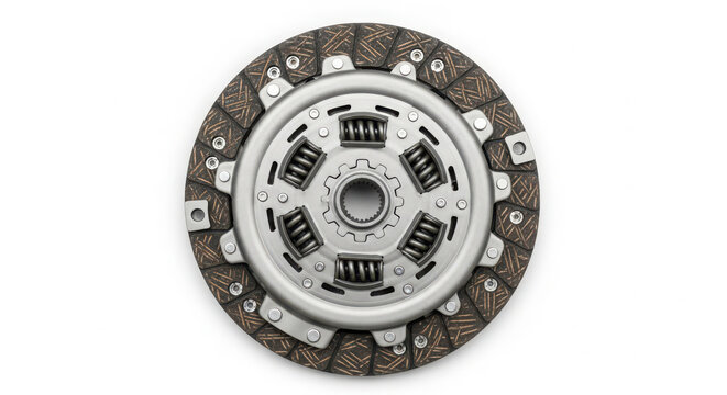 Close up studio photograph of a metal automotive clutch disc showing the intricate mechanical design for high performance vehicle engines