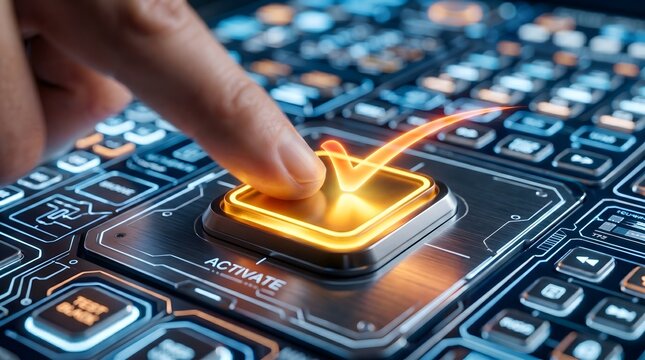 Finger pressing glowing orange activate button on futuristic keyboard with neon lights