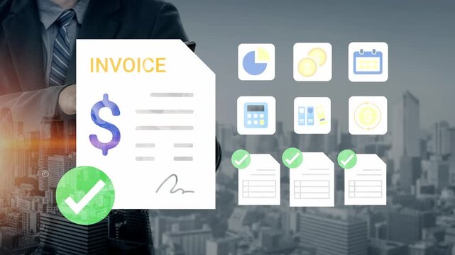 Professional Businessman Analyzing Invoice Data with Modern Financial Graphics for Corporate Presentation and Financial Analysis in Urban Setting Gluon.