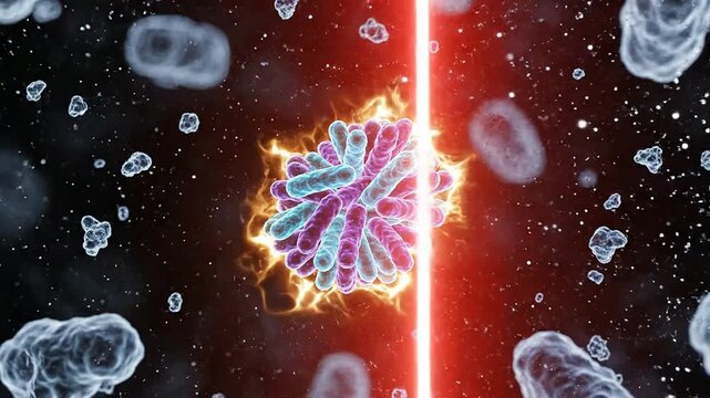 Abstract Biological Visualization of Cellular Processes with High-Energy Burst, Vibrant Particles, and Transformation Effects for Medical and Health Themes