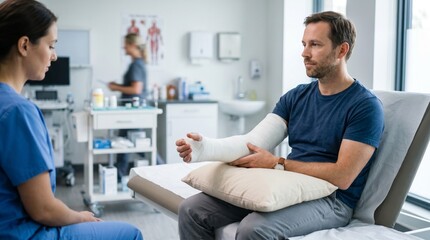 Obraz premium Adult Man With Broken Arm In Cast Sitting On Couch In Hospital And Listening To Recommendations Of Female Doctor In Blue Uniform.