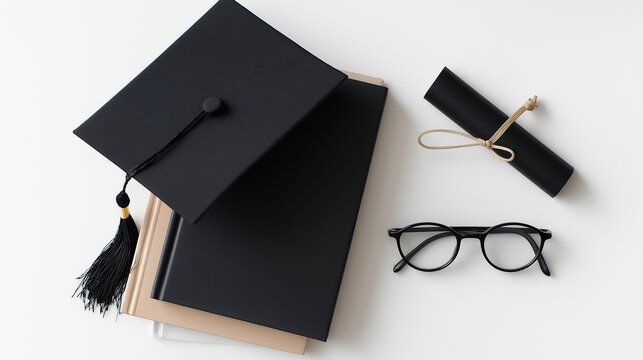 Graduation cap, diploma, glasses, and notebook arranged cleanly