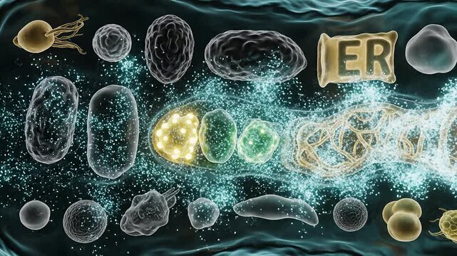 Abstract Microorganism Animation Featuring Bacteria And Viruses Glowing In Dark Background For Medical And Biological Education Use
