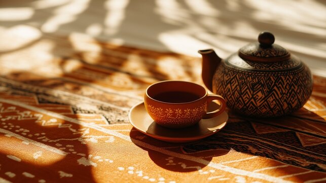Minimal African tea setting with patterned fabric and warm sunlight