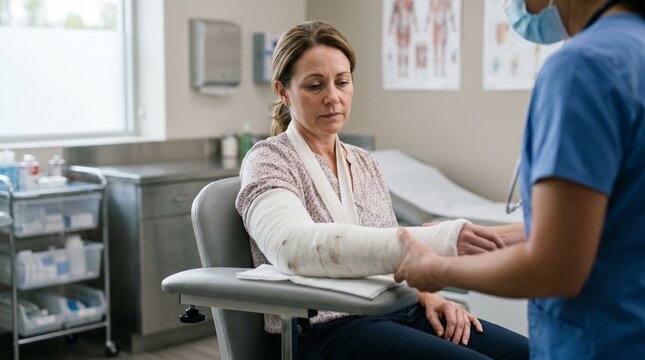 A nurse doctor in a protective mask applies a fixation bandage or examines a plaster cast on a broken arm of an adult woman in the medical office of the clinic.