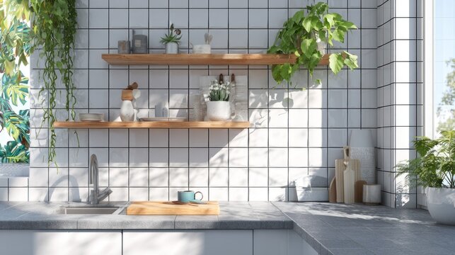 Contemporary kitchen counter area features bright natural light illuminating white tile backsplash and wooden shelving
