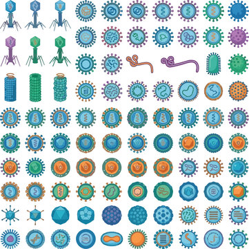 Collection of diverse virus types and bacteriophages illustrating hantavirus and microbial science