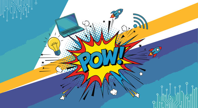Vibrant 'POW!' comic explosion with modern tech icons: laptop, lightbulb, Wi-Fi, and rockets, symbolizing innovation, digital impact, and powerful ideas.