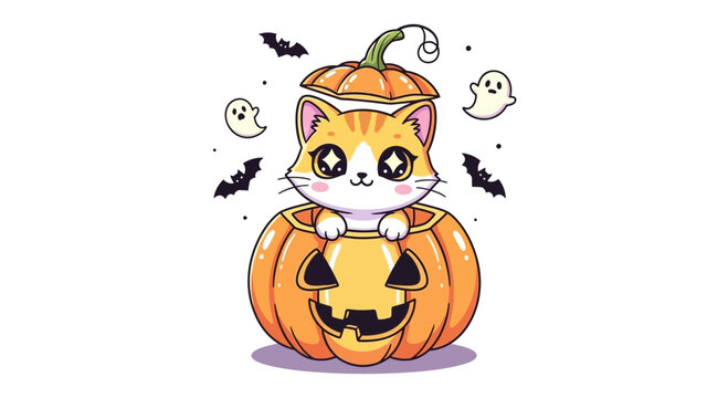 Cute Kawaii Cat Sitting Inside a Halloween Pumpkin