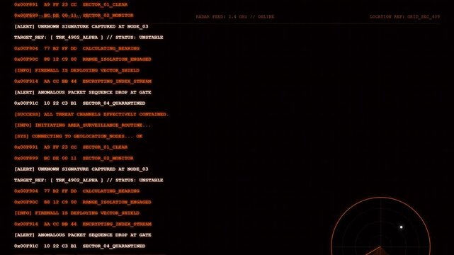 Area Surveillance Surveillance Routine Terminal Interface Displaying Geolocation Nodes Log Summary Radar Feed Tracking Grid and Vector Shield Deployment Orange HUD Screen.