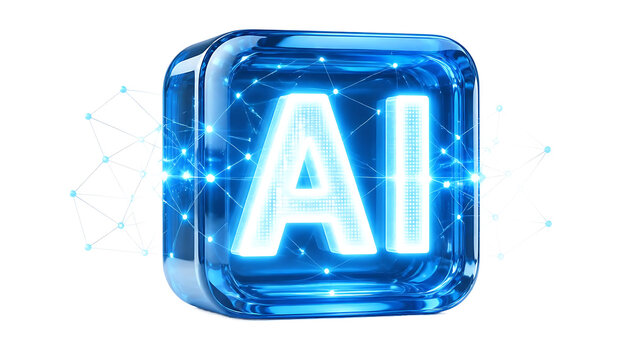 3D glossy blue AI artificial intelligence network icon isolated on transparent background
