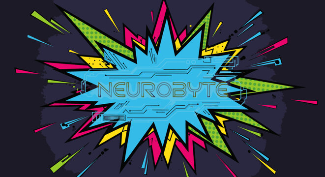 Explosion of colors and abstract shapes with "NEUROBYTE" text, representing technology and innovation