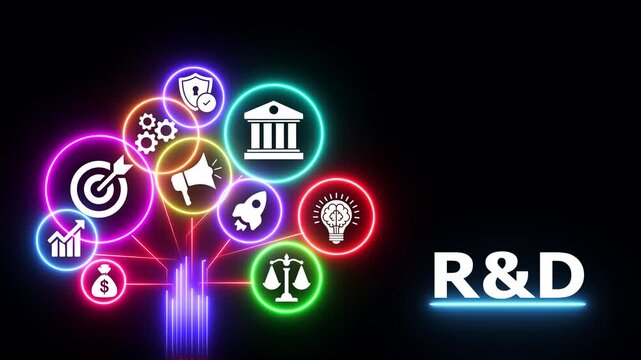 Neon technology tree with business and research icons in glowing digital motion.