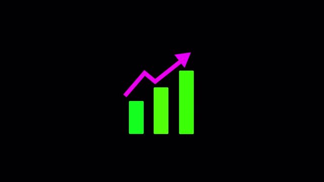 Animated neon business growth bar chart with green financial columns and pink upward arrow isolated on black background for investment analytics and 4k business motion graphics video