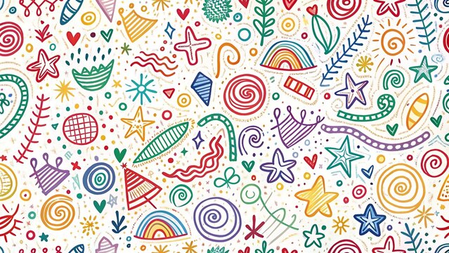 Fun colorful line doodle seamless pattern. Creative minimalist style art background for children or trendy design with basic shapes.