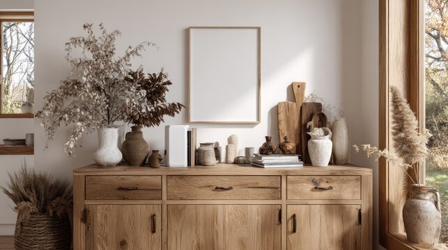 Natural light illuminates a wooden sideboard adorned with various decorative elements and blank artwork space