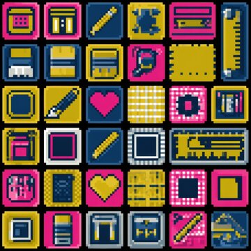 Pattern features pixel-art icons of school supplies arranged in a tight grid using a limited four-color palette.