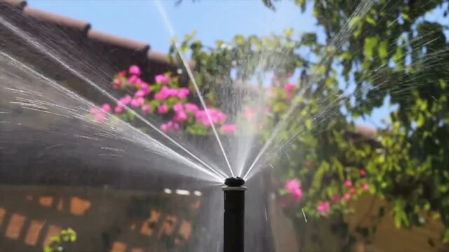 Automatic garden water sprinkler spraying system in action, watering green lawn and blooming pink flowers on a sunny day, close up 4k video.